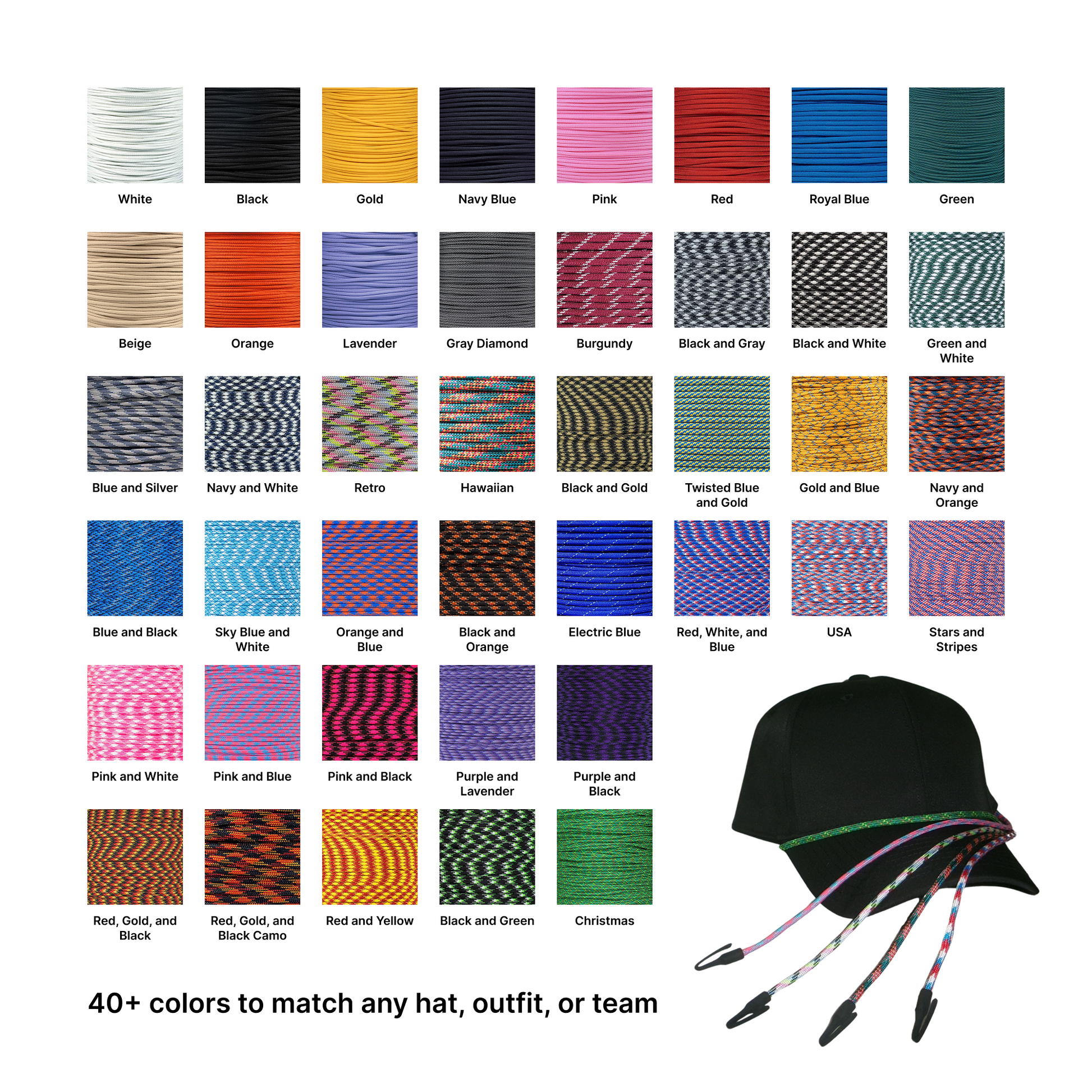 Variety of custom hat rope colors