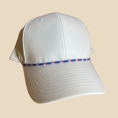 Hat styled with a Blue, Red, USA, White attachable hat rope accessory