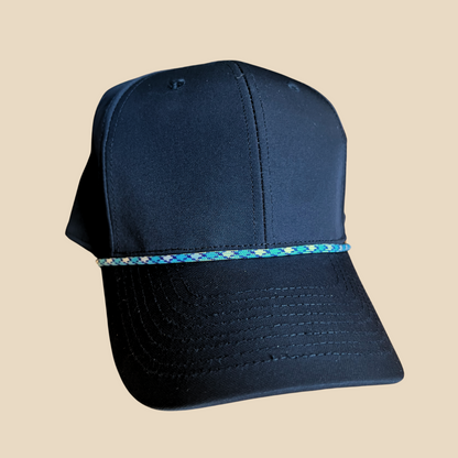 Hat styled with a Blue, White attachable hat rope accessory