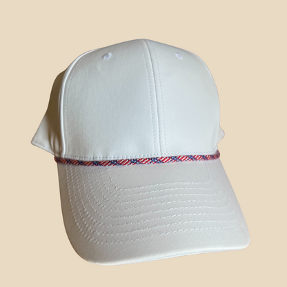 Hat styled with a Blue, Red, USA, White attachable hat rope accessory